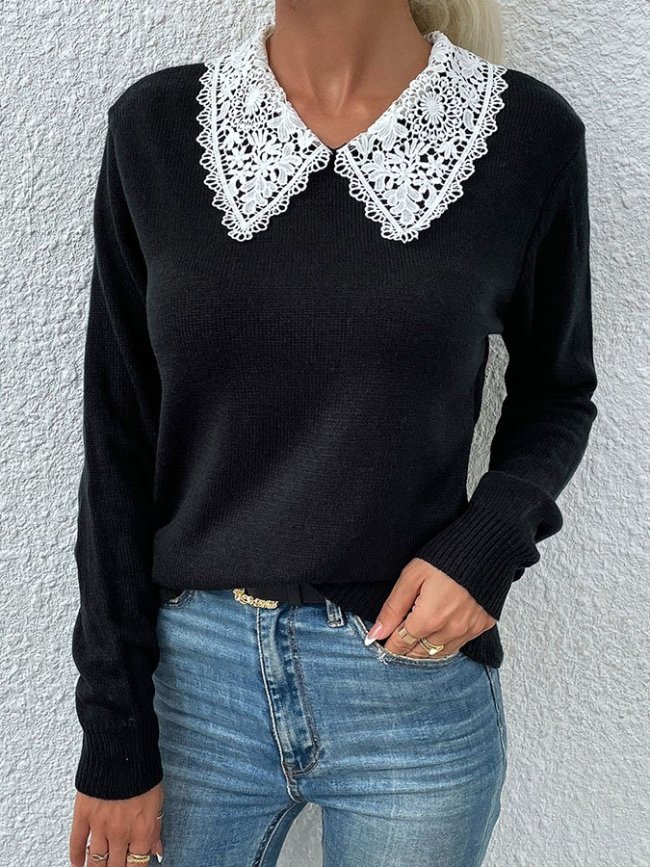 Lace Collar Colorblock Pullover Sweater