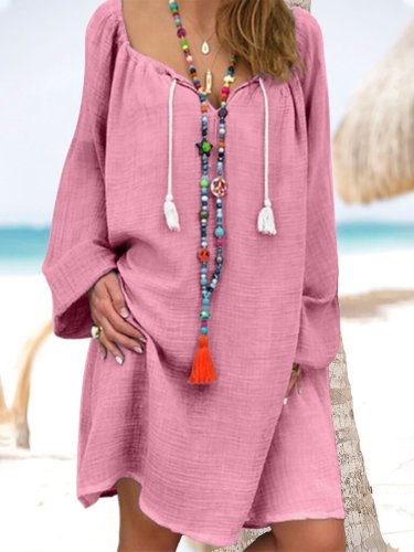 Women's V-Neck Drawstring Beach Resort Cotton Linen Dress