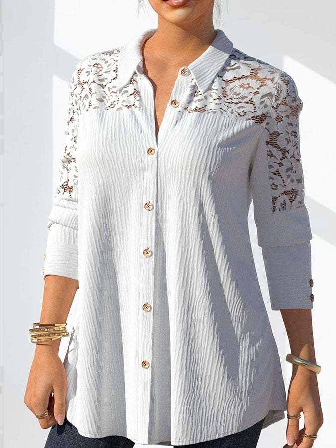 White Lace Stitching Button Detail Blouse