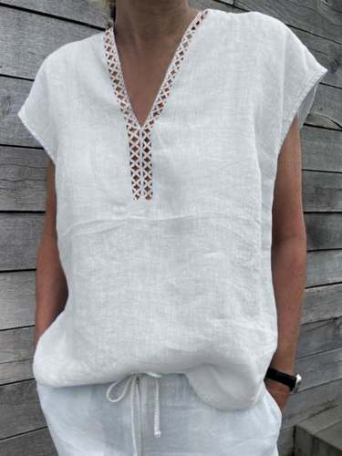 Women's Cotton Linen Lace Hollow V Neck Shirt