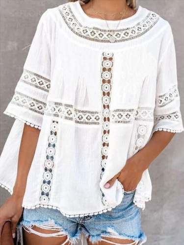 Women's Cotton Linen Loose Lace Round Neck Short Sleeve Shirt
