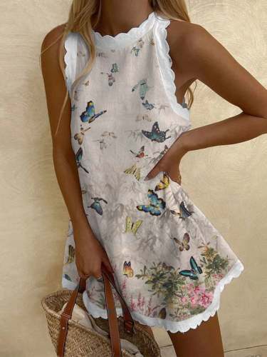 Women's Cotton Linen Butterfly Flower Print Dress