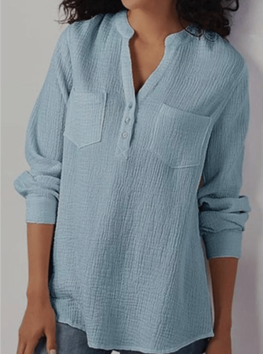 Women's V-neck Pocket Cotton Linen Shirt
