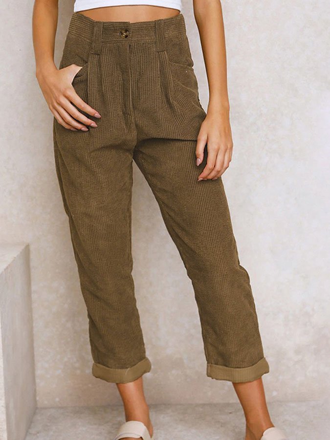 Solid Corduroy Loose Straight Casual Trousers