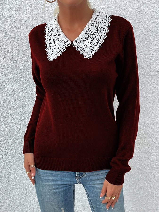 Lace Collar Colorblock Pullover Sweater
