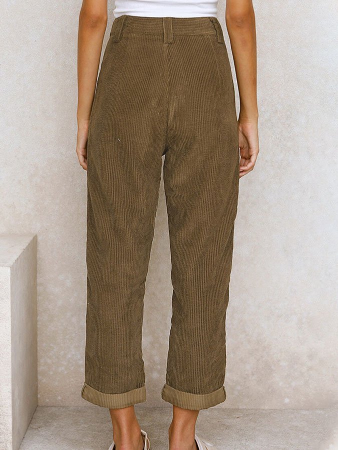 Solid Corduroy Loose Straight Casual Trousers