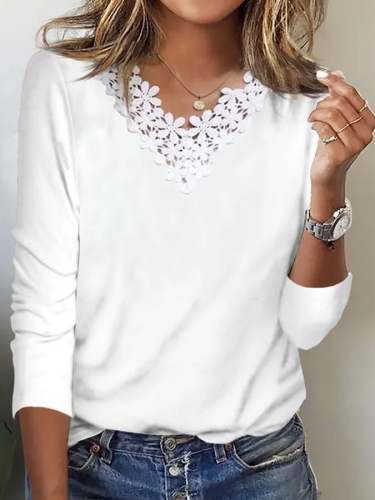 Women's Solid Color V-Neck Lace Stitching Casual T-Shirt