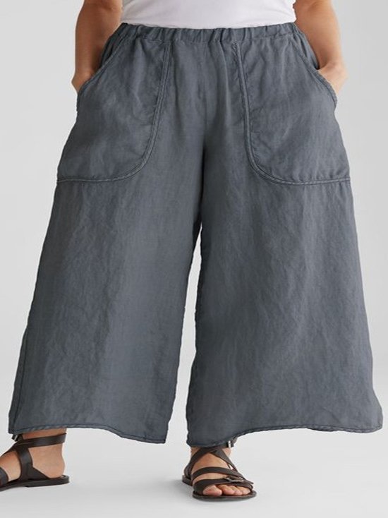 Women's Cotton Linen Wide Leg Mid Waist Casual Trousers With Insert Pockets