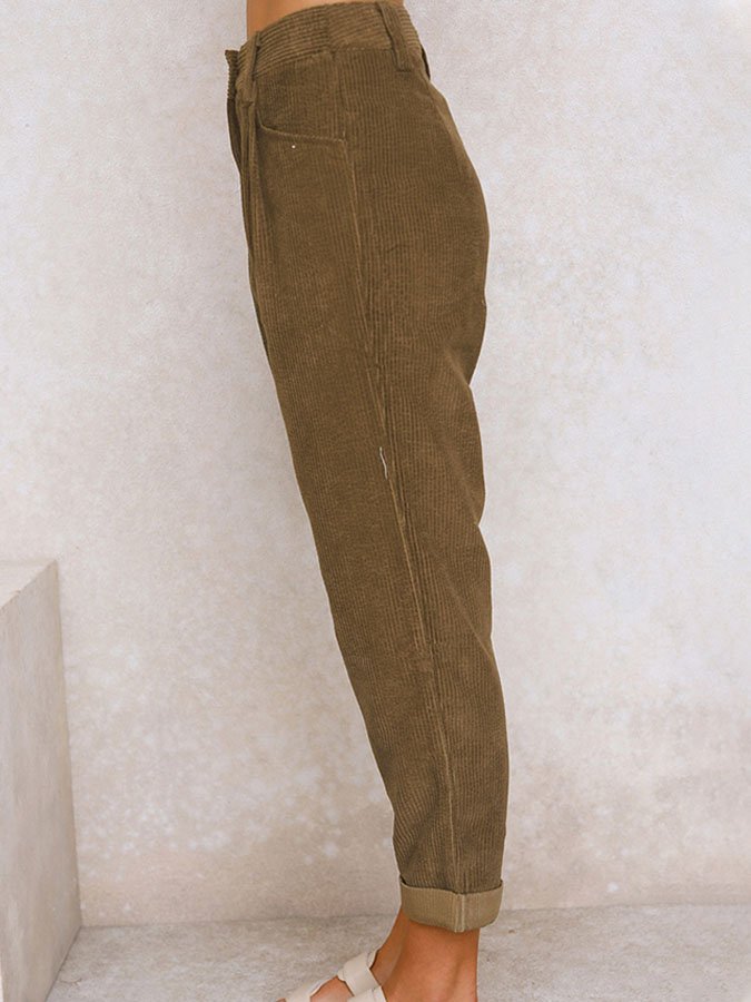 Solid Corduroy Loose Straight Casual Trousers