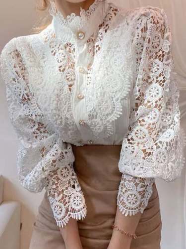 Casual Lace Solid Color Long Sleeve Shirt