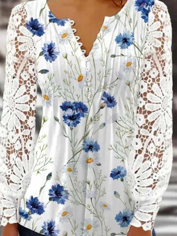 Casual Floral-Print Paneled Lace Long-Sleeved Top