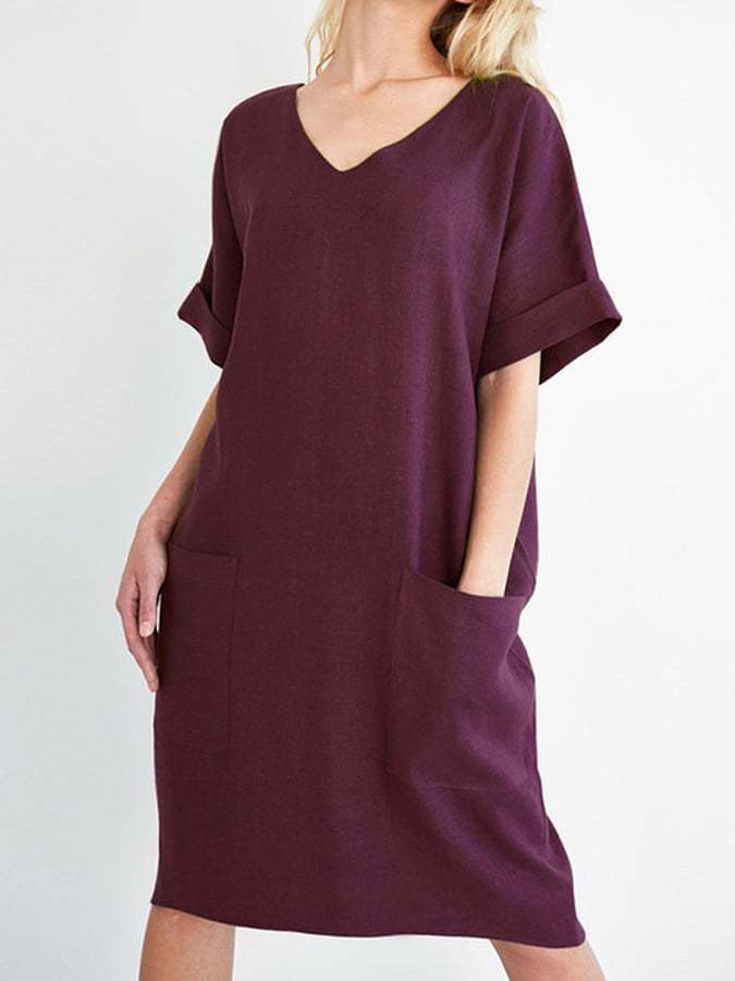 Women's Casual V-neck Short-sleeved Cotton Linen Dress