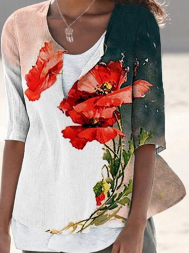 Women's Floral Print Half-Sleeve Cotton Shirt