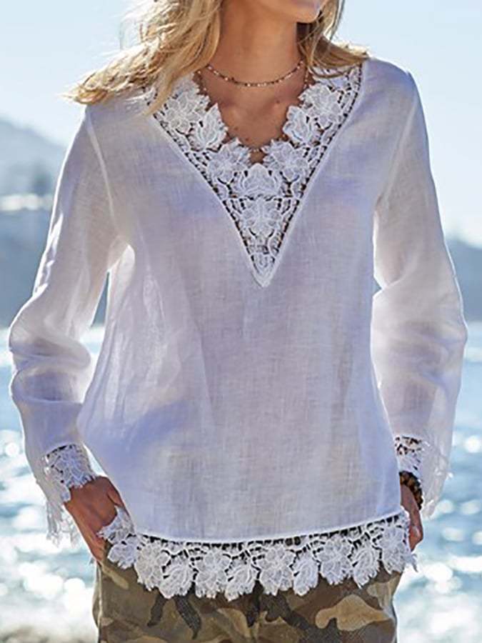 Women's Solid Color Lace Stitching Casual Cotton Linen Shirt