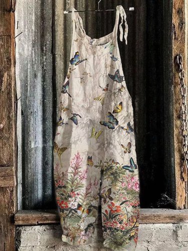 Women's Vintage Floral Print Cotton And Linen  Jumpsuits