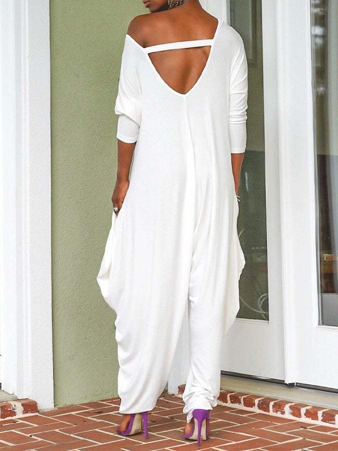Women's Solid Color Loose Open Back Casual Jumpsuit