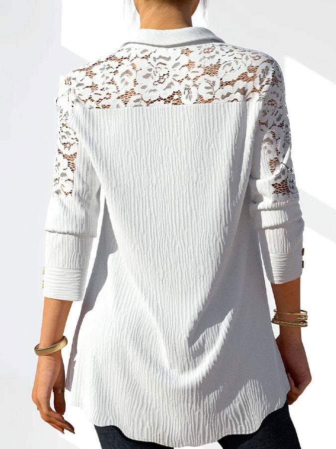 White Lace Stitching Button Detail Blouse