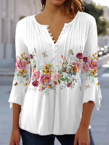 Women's Elegant Floral Print Pleated Shirt