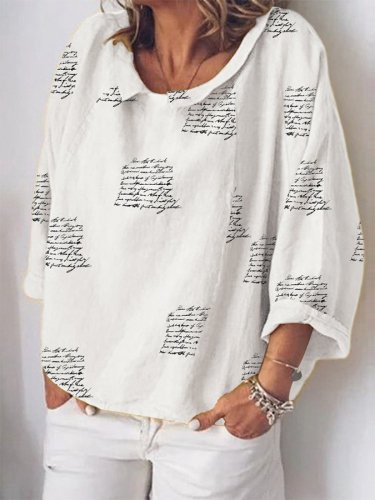 Women's Cotton Linen O-Neck Letter Print Shirt