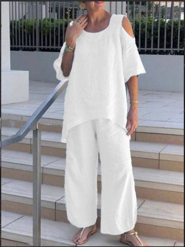 Women's Solid Color Round Neck Pullover Cotton Linen Short Sleeve Pants Set