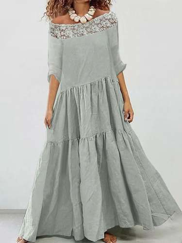 Lace Paneled Long Sleeve Cotton Linen Dress