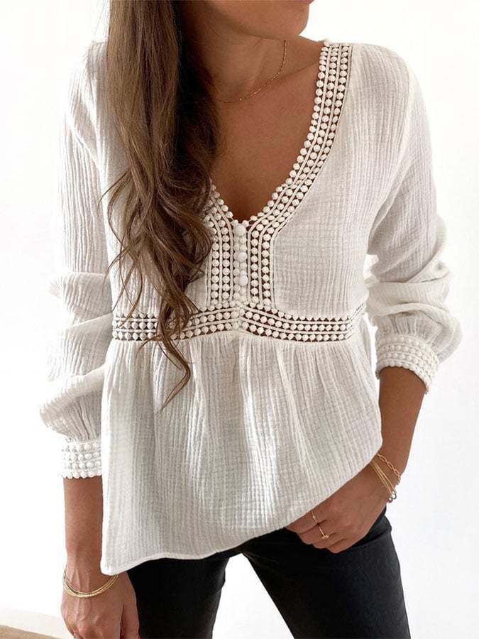 Women'S Solid Color Lace Stitching Long-Sleeved Shirt