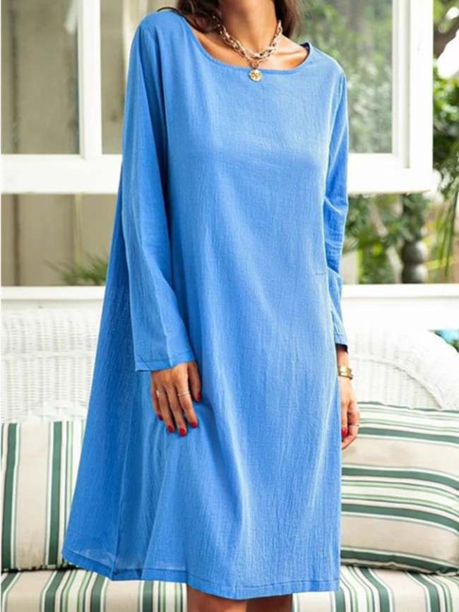 Women's Cotton Linen Round Neck Simple Long Sleeve Dress