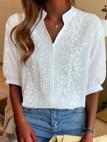 Women's V-neck Three-dimensional Embroidery Lace Shirt