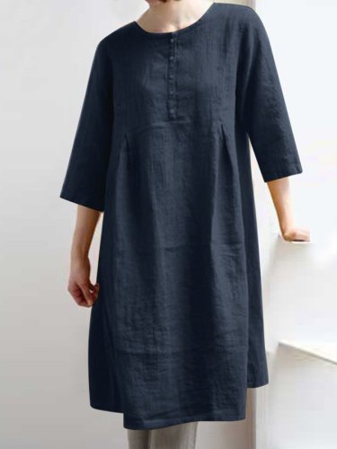 Women's Solid Round Neck Single Breasted Cotton Linen Dress