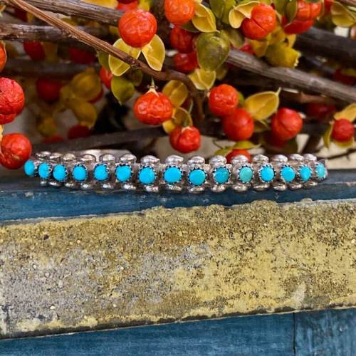 Early Zuni Snake Eye Turquoise and Raindrop Row Bracelet in Sterling Silver