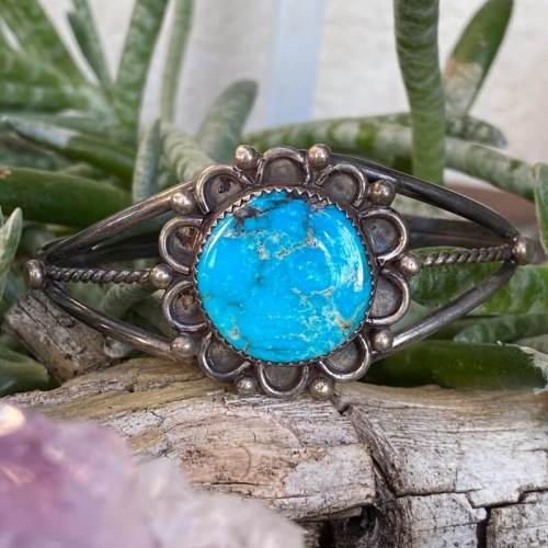 Navajo Sterling SIlver Cuff Bracelet with Large Round Turquoise Stone
