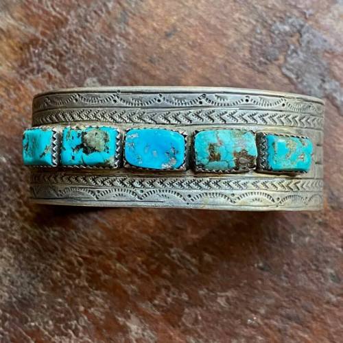 Navajo Stamp Decorated Cuff with Row Turquoise by Celina Yazzie Sterling