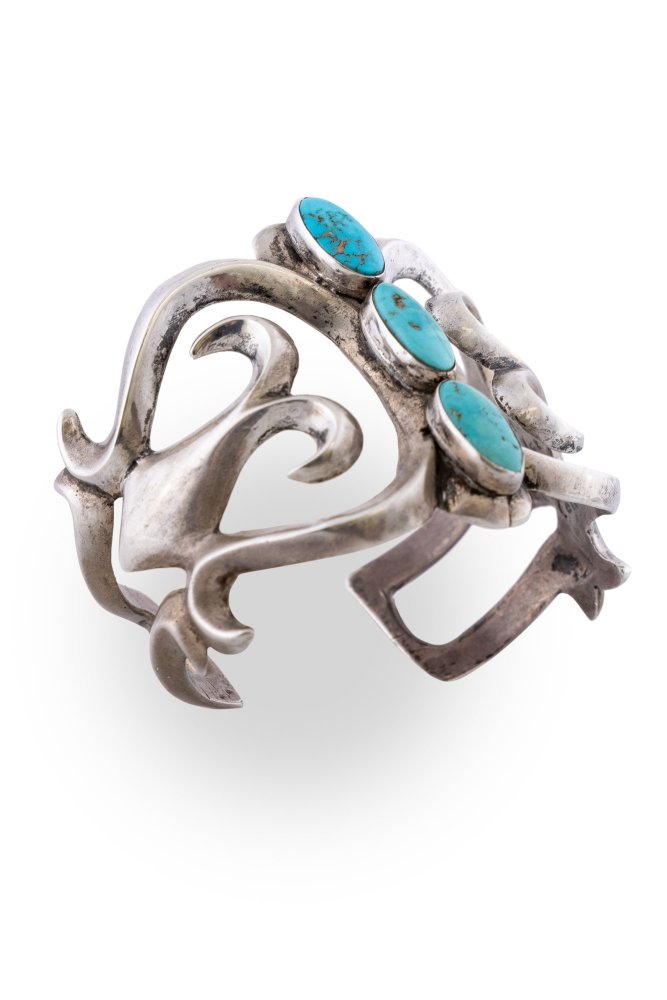 Cuff, Turquoise, 3 Stone, Sandcast, Important Provenance: Mabel Dodge Luhan, Vintage, '40's