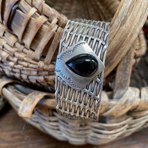 Navajo Basket Weave Cuff Bracelet in Sterling Silver with Black Onyx