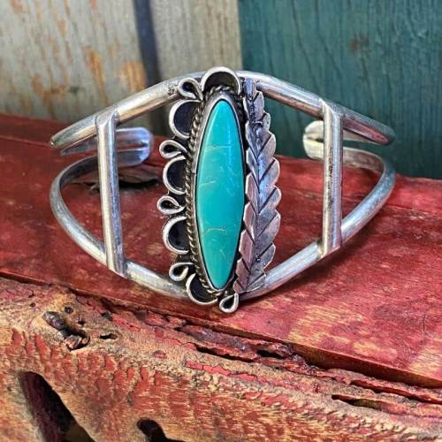 Vintage 1960s Navajo Sterling Silver One Feather Cuff with Turquoise