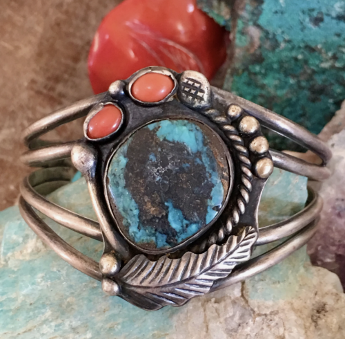 Carlin Mine Turquoise Bracelet with C oral By Navajo Tully Linkin Sterling Silver