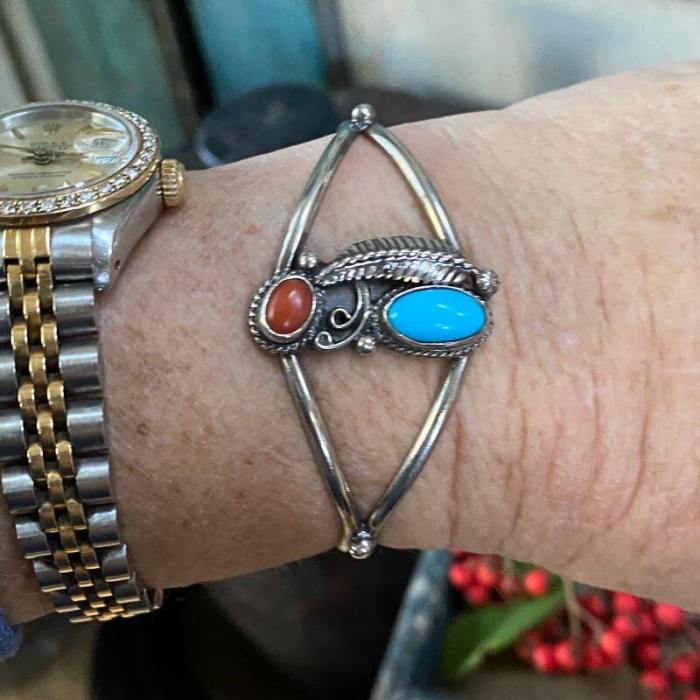 Navajo Double Stone Sterling Silver Cuff Bracelet Vintage