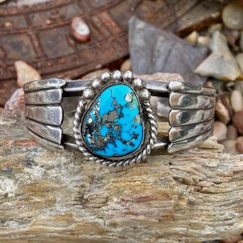 Vintage Morenci Turquoise Cuff Bracelet with Fans Navajo Sterling Silver