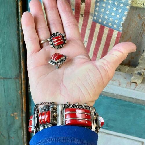 Vintage Mexican Red Glass Panel Bracelet and Earrings Set Sterling