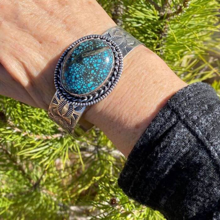 Large Stamp Decorated Sterling Silver Bracelet with Spider Web Turquoise