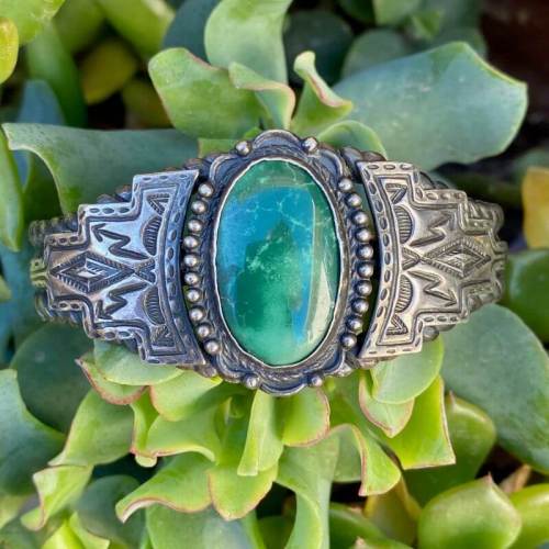 Navajo Sterling Silver Cuff With Bi-Colored Green Turquoise