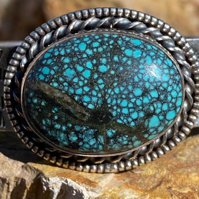 Large Stamp Decorated Sterling Silver Bracelet with Spider Web Turquoise