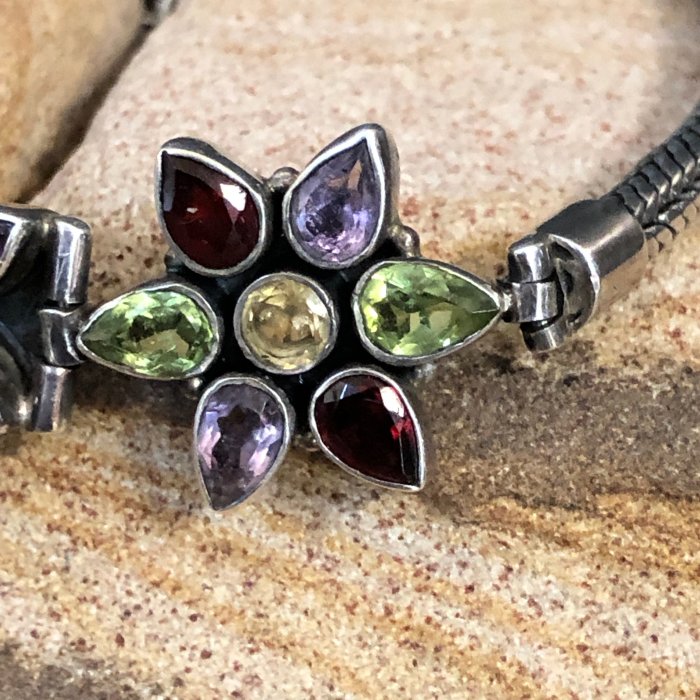 Multi-Gemstone Star or Flower Cable Bracelet in Sterling Silver