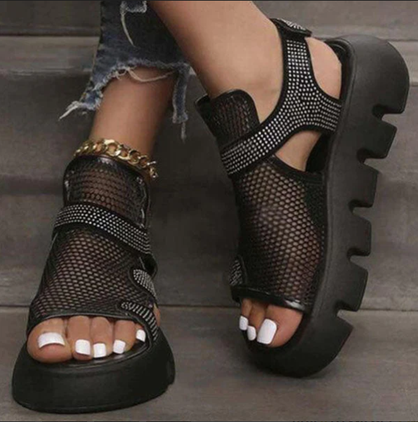 2023 New Ladies Rhinestone Hollow Velcro Solid Color Platform Sandals