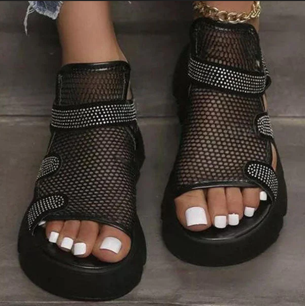 2023 New Ladies Rhinestone Hollow Velcro Solid Color Platform Sandals