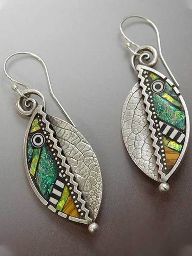 SILVER-PLATED LONG HANGING ABSTRACT IRIDESCENT GREEN LEAF EARRINGS