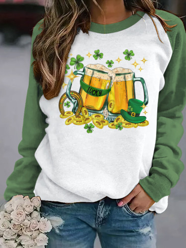 Women's St. Patrick's Day Beer Round Neck Long Sleeve Sweatshirt