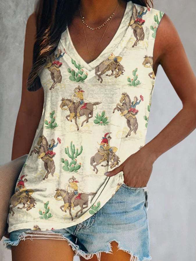 Women's Western Cowgirl Cowboy Print V-Neck Sleeveless T-Shirt