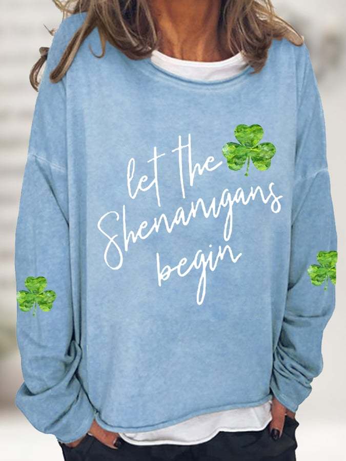Women's Let The Shenanigans Begin Lucky Shamrock Casual Long-Sleeve T-Shirt