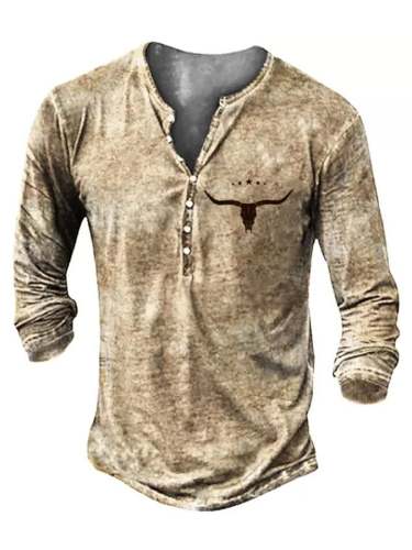 Men's Vintage Western Casual Button Down Long Sleeve T-Shirt